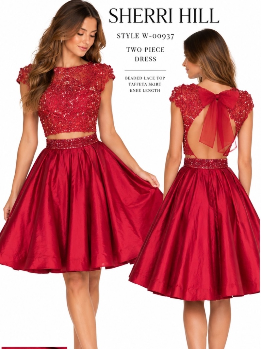 Sherri Hill 2 Red Two Piece Beaded Lace Taffeta Prom Homecoming Cocktail Dress
